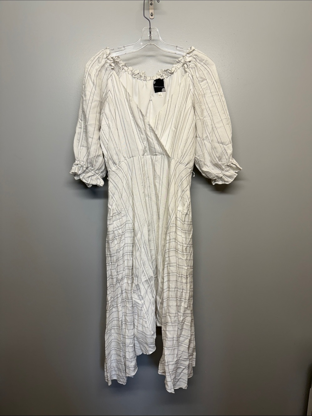 Maison Tara White Striped Maxi Dress with Puff Sleeves Asymmetrical Hem